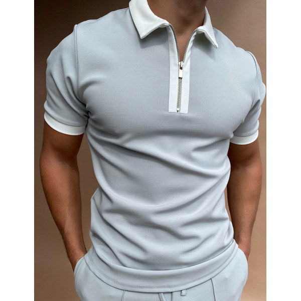 Solid Color Zipper Polo Shirt