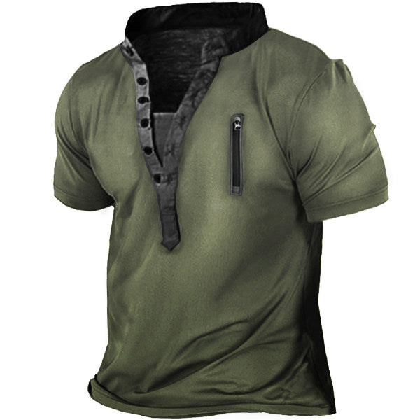 Men's Outdoor Zip Retro Print Tactical Heney Short Sleeve T-Shirt