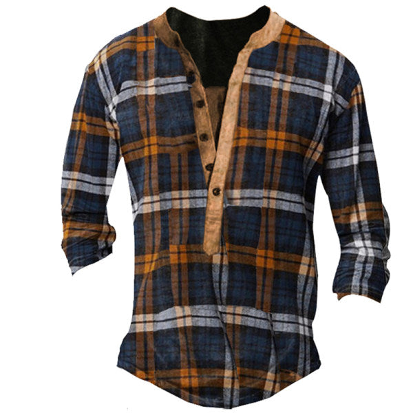 Retro Plaid Men's Outdoor Tactics Henley Button Long Sleeve Shirt