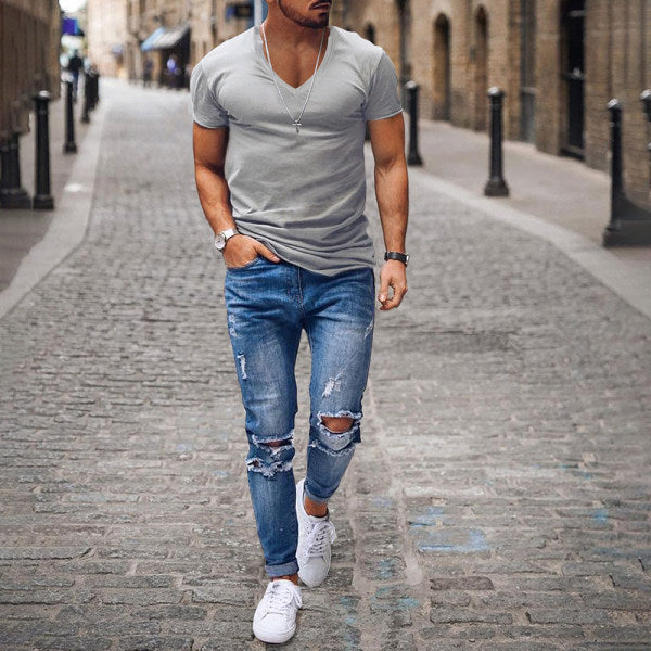 Men's Solid Color V-neck Casual Breathable T-Shirt