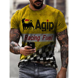 Mens Retro Crew Neck Color Block Moto Oil Printed T-shirt