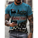 Mens Retro Crew Neck Color Block Moto Oil Printed T-shirt