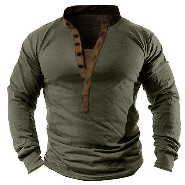 Men's Retro Outdoor Henley Button Collar Tactical T-shirt