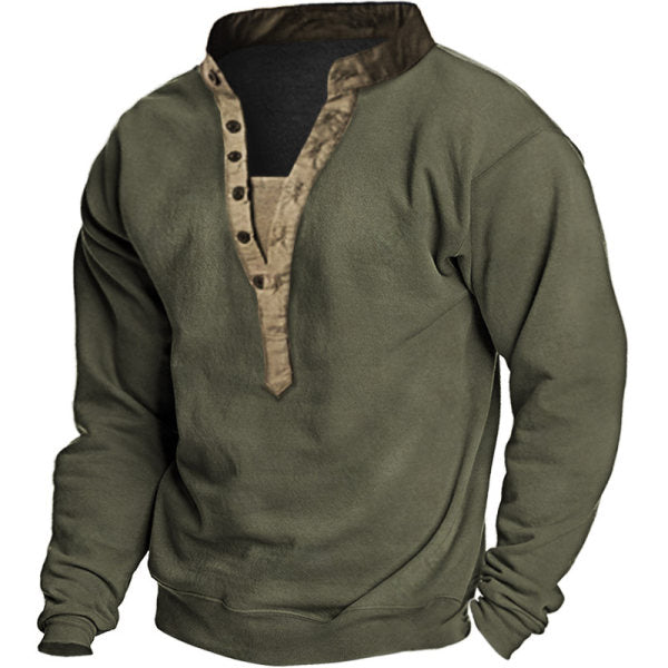 Men's Outdoor Vintage Contrast Color Henley Collar Sweatshirt