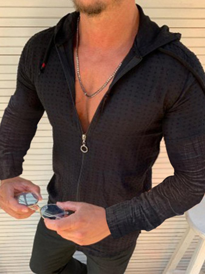 Men's Casual Sports Hooded Shirt V-Neck Zipper Striped Fitness Running Loose Tops