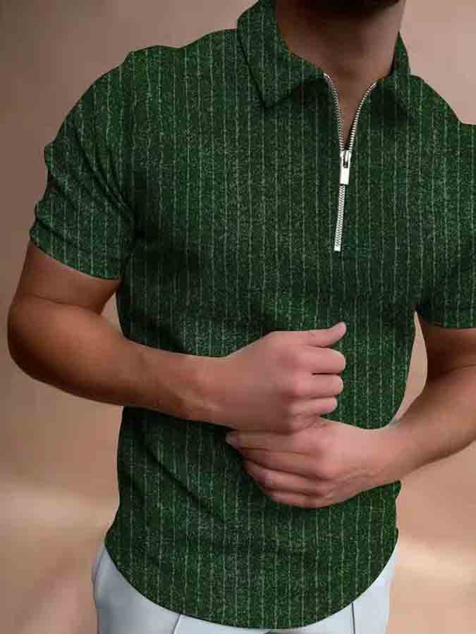 Men's Summer Zip Striped Short Sleeve POLO Golf Shirt