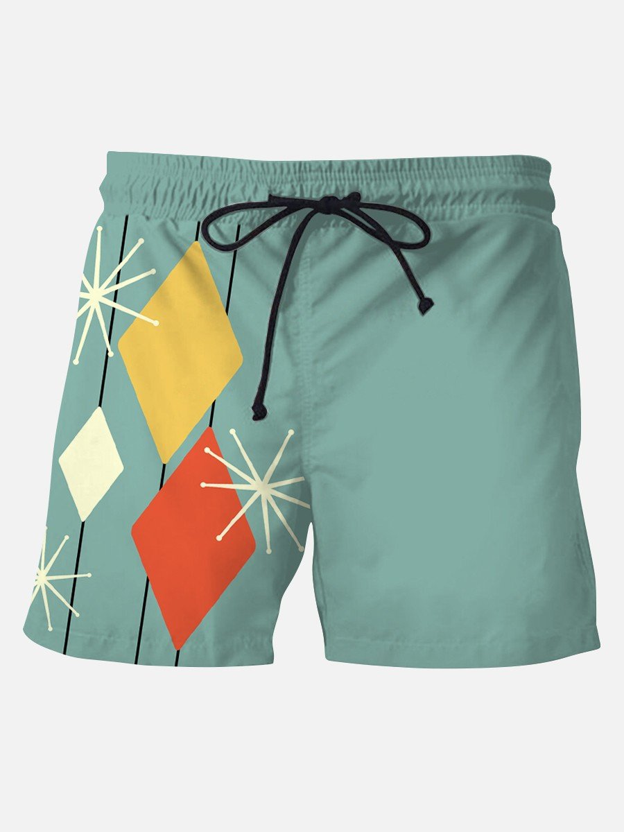 Men's Green Retro Geometric Beach Shorts Wrinkle Resistant Quick Dry Pants