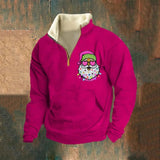 Men's Retro Shiny Santa Plush Stand Printed ZippeRed Wool Collar Sweatshirt