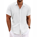 Men's Solid Color Lapel Cotton Linen Short Sleeve Shirt
