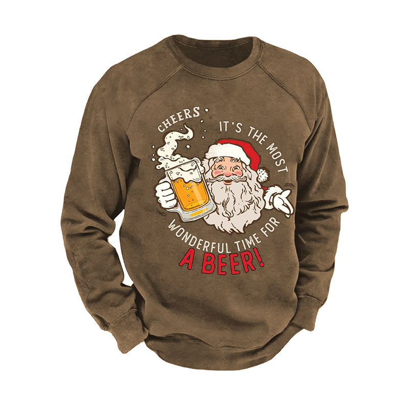 Santa Claus Drinks Beer Printed Round Neck Men'S Sweatshirt