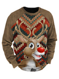 Christmas Elk Print Color Block Sleeve Crew Neck Men'S Sweatshirt