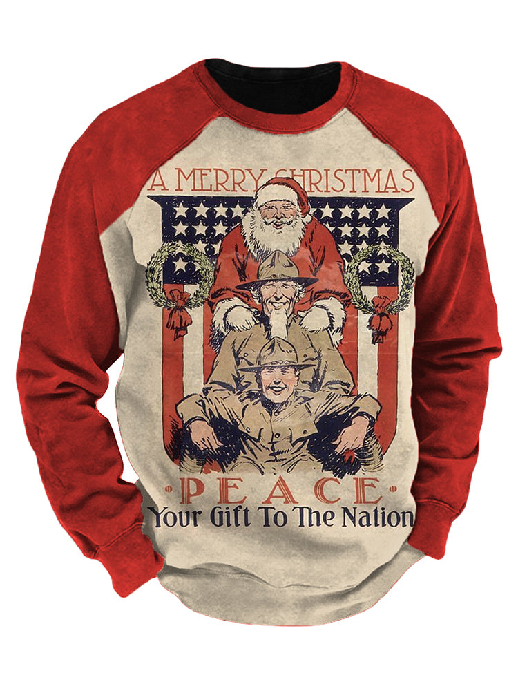 Santa Claus American Soldier Print Color Block Sleeve Men'S Sweatshirt