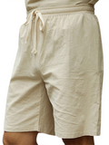 Mens Summer Linen Drawstring Solid Color Knee Length Casual Shorts