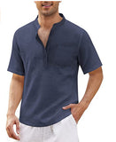 Men's Breathable Cotton Linen Henley Collar Pocket Short Sleeve