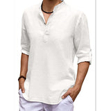 Men's Casual V-Neck Cotton Linen Long Sleeve Shirt