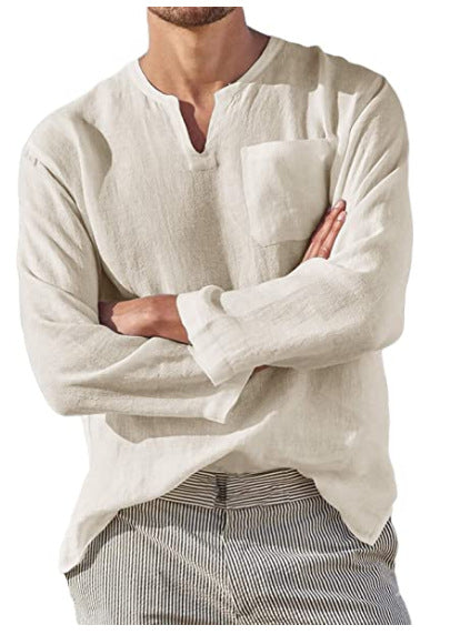 Men's Casual V-Neck Cotton Linen Long Sleeve Shirt