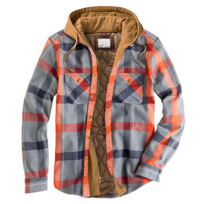 Men's Winter Flannel Quilted Lined Plaid Hooded Shirt Jacket