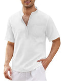 Men's Breathable Cotton Linen Henley Collar Pocket Short Sleeve