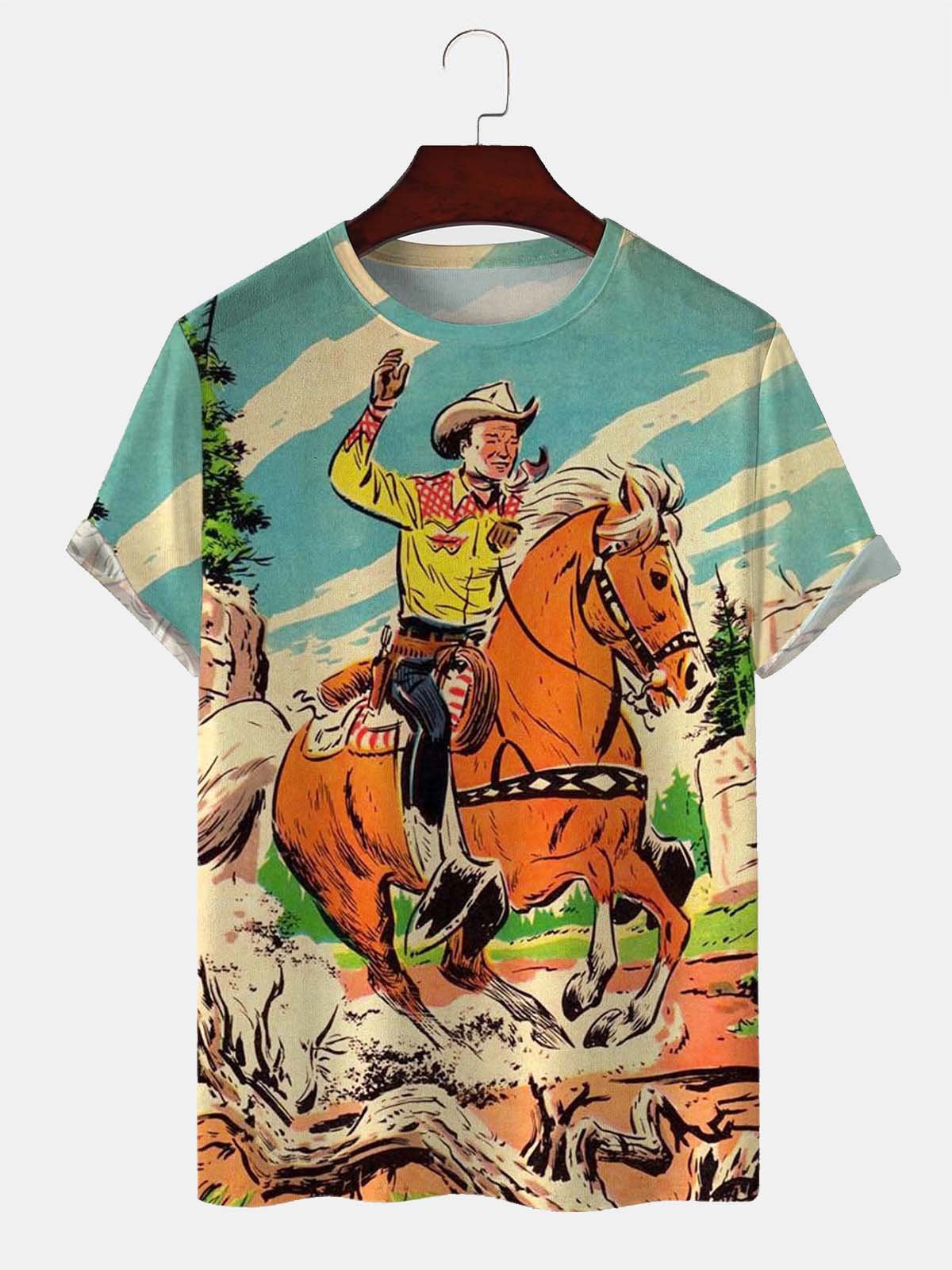 Men's Short Sleeve Crew Neck T-Shirt Western Cowboy Print Casual Cotton Blend Horse Print Top