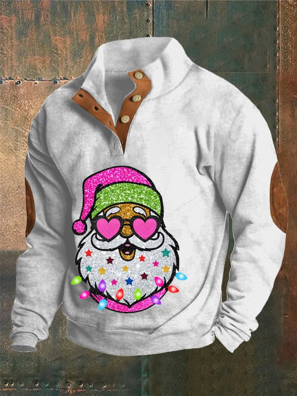 Glitter Santa Print Stand Collar Button Up Men's Sweatshirt