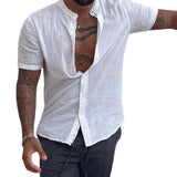 Men's Casual Cotton Linen Solid Color Stand Collar Short Sleeve Shirt