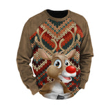 Christmas Elk Print Color Block Sleeve Crew Neck Men'S Sweatshirt