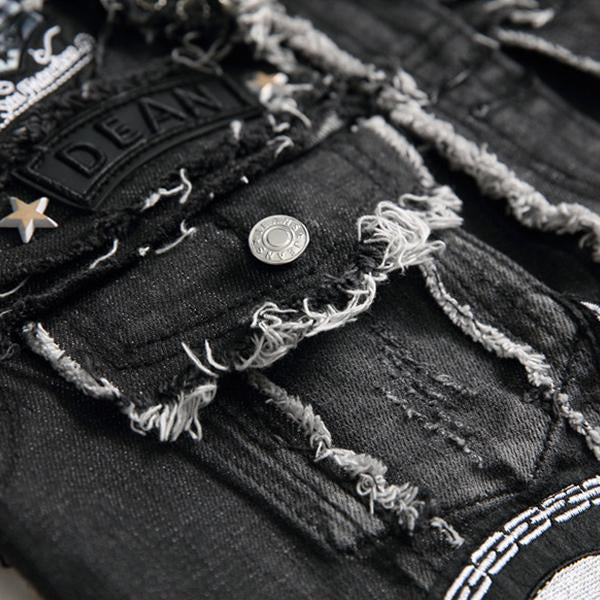 Men's Washed Embroidered Skull Denim Vest