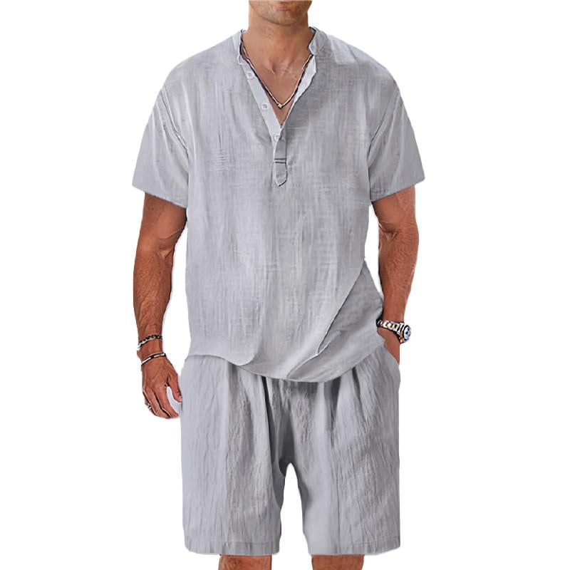 Men's Casual Linen Henley Shirt Stand Collar Short Sleeve Board Shorts Set