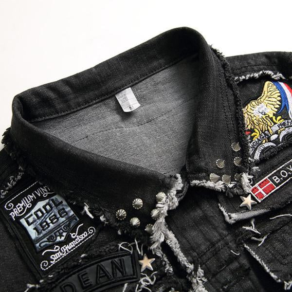 Men's Washed Embroidered Skull Denim Vest