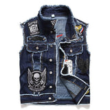 Men's Washed Embroidered Skull Denim Vest