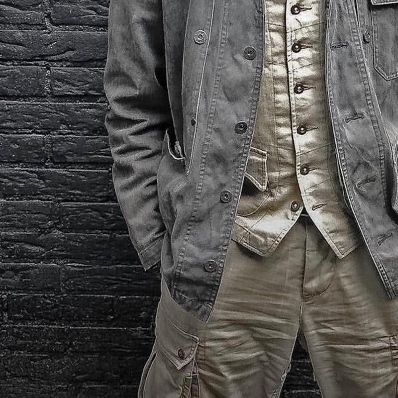 Men's Vintage Solid Color Multi-Pocket Printed Jacket