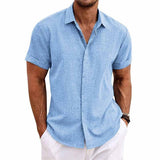 Men's Solid Color Lapel Cotton Linen Short Sleeve Shirt