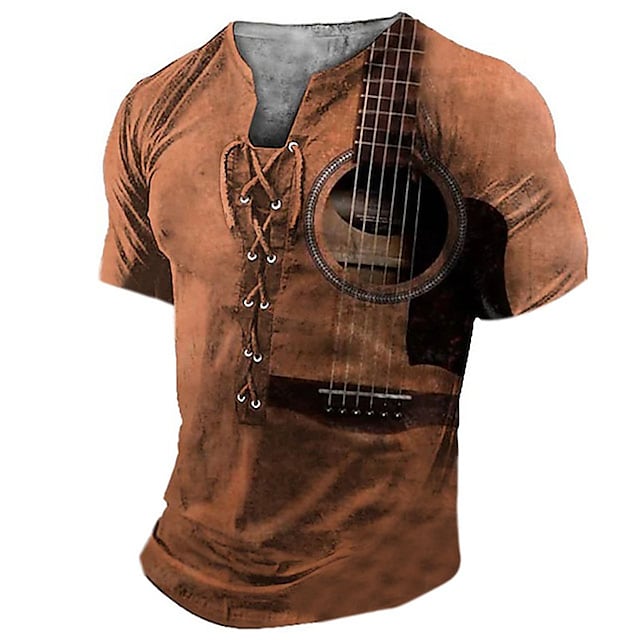 Men's Henley Shirt Tee Graphic Guitar Henley Clothing Apparel 3D Print Daily Sports Short Sleeve Lace up Print Fashion Casual Comfort
