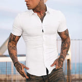 Men's Solid Lapel Short Sleeve Fitness Stretch Shirt
