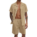 Men's Lapel Pocket Short Sleeve Shirt Shorts Set