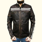 New Mens Moto Cafe Racer Retro Stripped Brown Distressed Leather Jacket Fashion